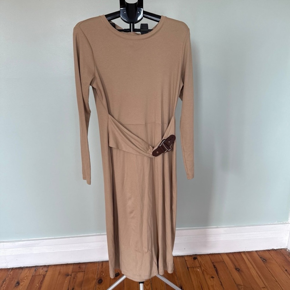 Ralph Lauren Tan Knit Midi Dress With Buckle